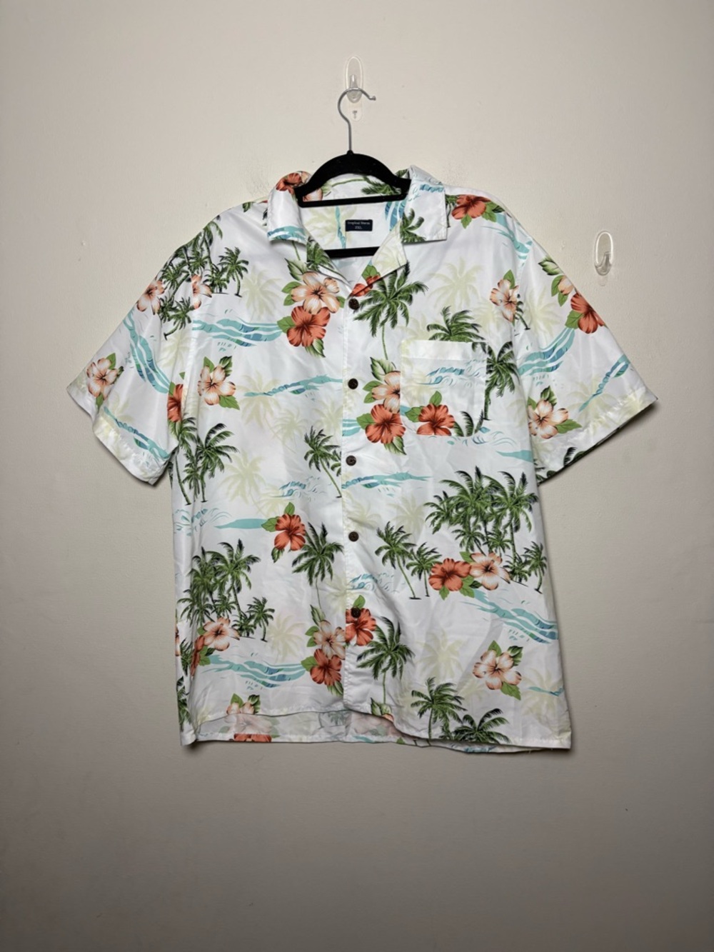 Tropical Storm White Hawaiian Floral Camp Shirt - Men's Button-Up Size 2XL